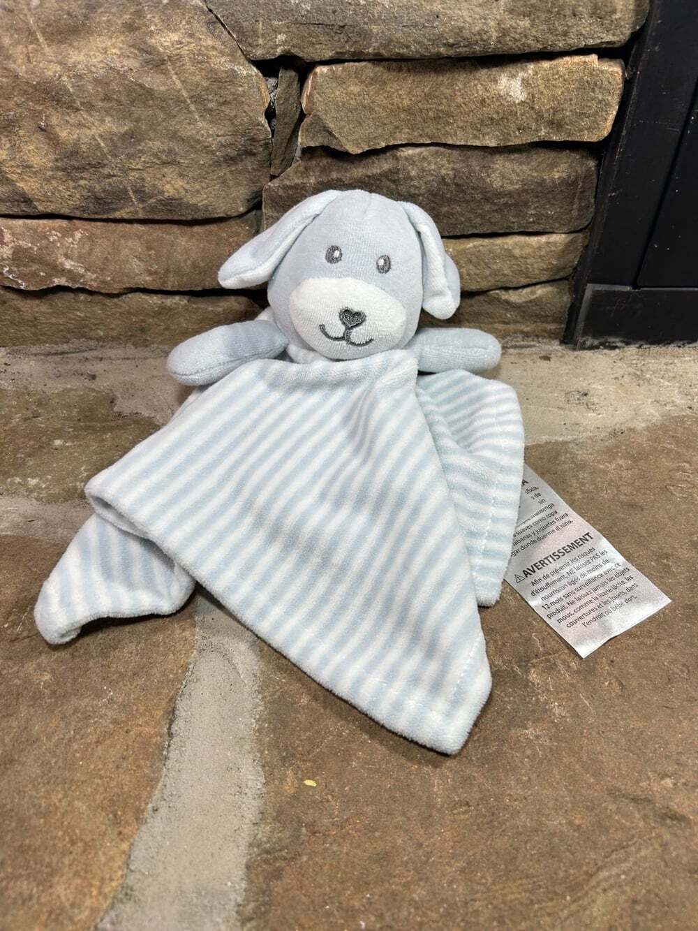 Blue and white striped soft puppy dog lovey
